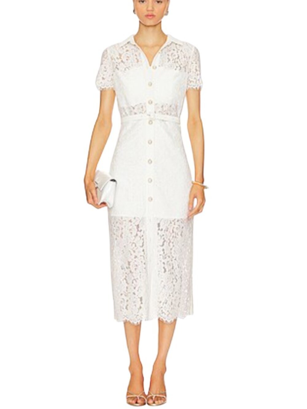 Karina Grimaldi Revolve White Lace Midi Shirt Dress Pearl Button Bridal Shower M